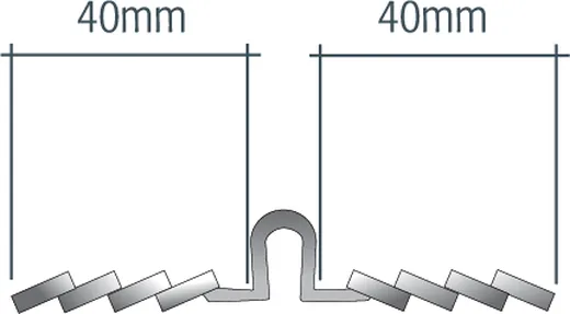 Esquema del esquinero Tapakan desplegado en plano, con alas de 40 mm a cada lado del canto central.